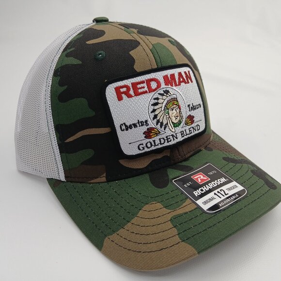 Camo And White Mesh Snapback Red Man Patch Curved Bill Hat - Picture 2 of 4